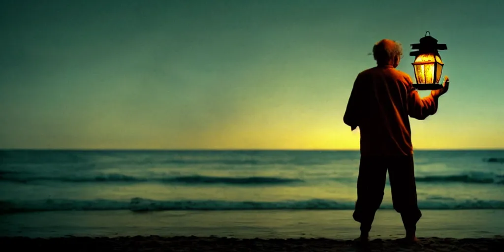 Image similar to film still of closeup old man holding up lantern by his beach hut at night. pirate ship in the ocean by emmanuel lubezki