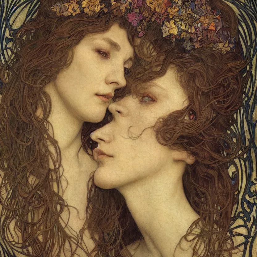 Image similar to detailed realistic beautiful young medieval queen face portrait by jean delville, alphonse mucha, vincent van gogh, and marco mazzoni, art nouveau, symbolist, visionary, gothic, pre - raphaelite