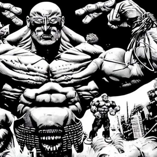 Image similar to cyberpunk hulk hogan, black and white, art by sergio toppi and keith giffen