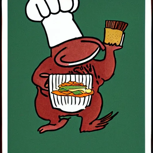 Image similar to platypus wearing a chef hat while holding a lasagna with three basil leaves over the lasagna