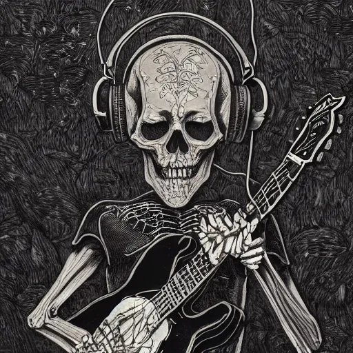 Image similar to skeleton wearing headphones, watching girl playing guitar while her black cat standing next to her, detailed intricate ink illustration, dark atmosphere, detailed illustration, hd, 4k, digital art, overdetailed art, by greg rutkowski, by loish, complementing colors, Trending on artstation