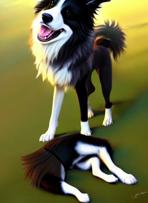 Image similar to wide angle beautiful full body portrait of a cute male anthro border collie fursona with two legs posing in front of a park, character design by charlie bowater, henry asencio, and ross tran, furry art, furaffinity, beautiful, glamor pose, detailed, aesthetic, trending on artstation