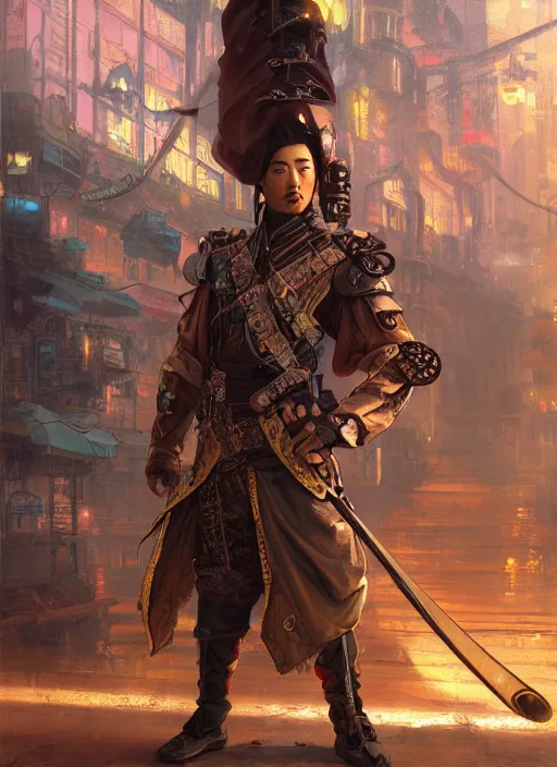 Image similar to A oil painting of a steampunk chinese swordsman with a cyberpunk city night background, 4k, trending on artstation, octane render, art by artgerm and greg rutkowski and alphonse mucha and craig mullins and James Jean and Andrei Riabovitchev and Marc Simonetti and peter mohrbacher,