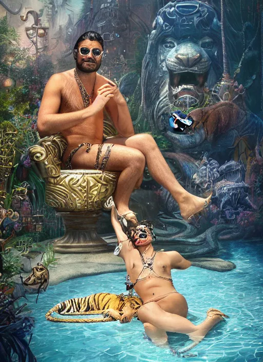 Prompt: handsome Atlantean king Oscar Isaac grinning and wearing cholo sunglasses and a heavy bejeweled gold crown reclining poolside with a beautiful tiger, steelpunk, ghibli studio, nekro, Tom Bagshaw, Craig Mullins, octane 8k, by brian froud, Trending on ArtStation