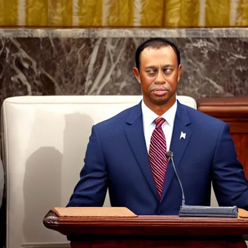 Image similar to tiger woods giving the state of the union address as president of the united states of america. ultra realistic. 4 k.