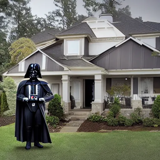 Image similar to Darth Vader buying a house, photo realistic, award-winning, highly-detailed