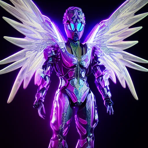 Image similar to a photo of 8k ultra realistic archangel with 6 wings, full body, intricate purple and blue neon armor, ornate, cinematic lighting, trending on artstation, 4k, hyperrealistic, focused, high details, unreal engine 5, cinematic