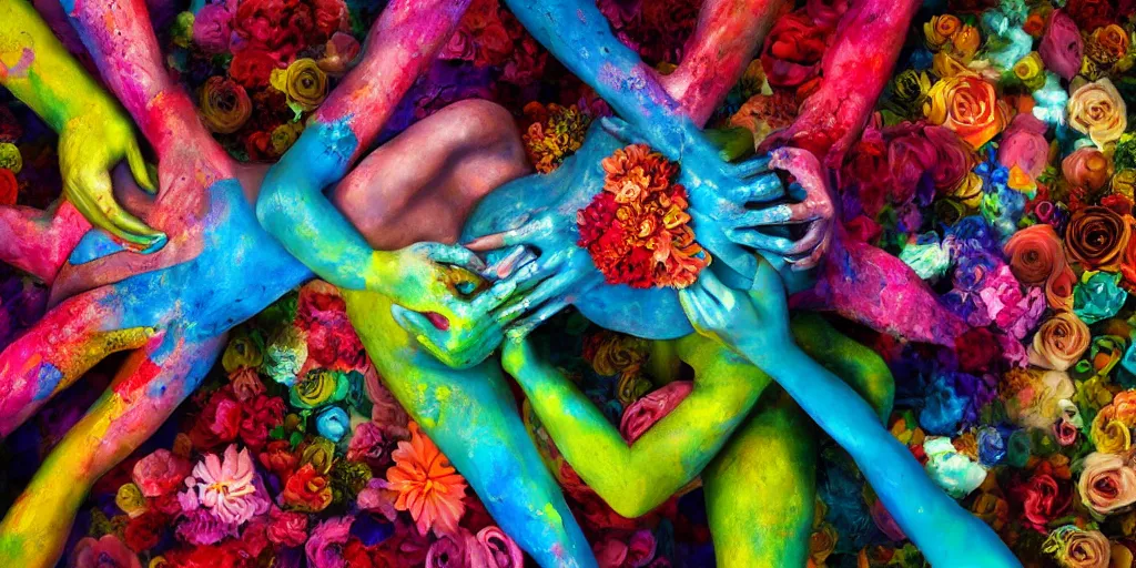 Image similar to closeup photograph of a surrealist sculpture human bodies intertwined, a lovely cornucopia of flowers and human body parts, body parts, paint pour, swirling paint, highly detailed, octane render, cinematic