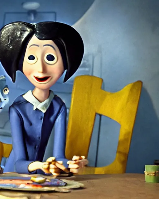 Prompt: the image is a lost hollywood film still 1 9 5 0 s photograph of a clay stop motion animated coraline. vibrant cinematography, anamorphic lenses, crisp, detailed image in 4 k resolution.