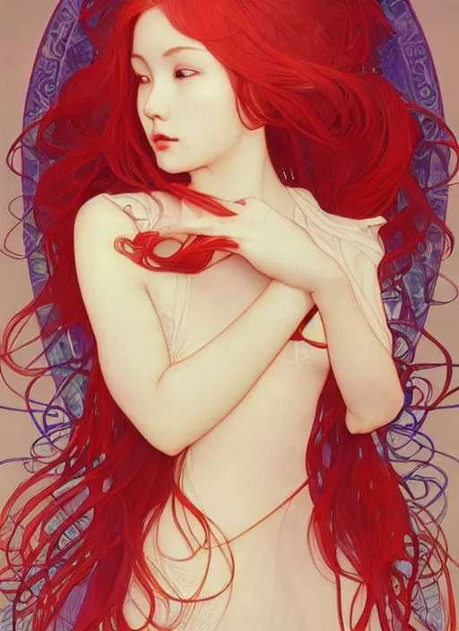 Image similar to colourful upper half portrait of a beautiful red - hair girl - art by tenmyouya hisashi, hsiao - ron cheng & alphonse mucha, highly detailed, digital painting, illustration, smooth, sharp focus, intricate, symmetry, pinterest, behance, artstation