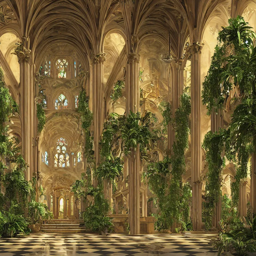 Prompt: beautiful cathedral interior with koi pond in the middle surrounded by palm trees, ivy, flowers, tropical plants, roses, and with archways, rendered in octane render with photorealistic volumetric lighting, cinematic,!! horizontal symmetry!!, a flemish baroque by thomas cole, sanctuary, unsplash contest winner, maximalism, sanctuary