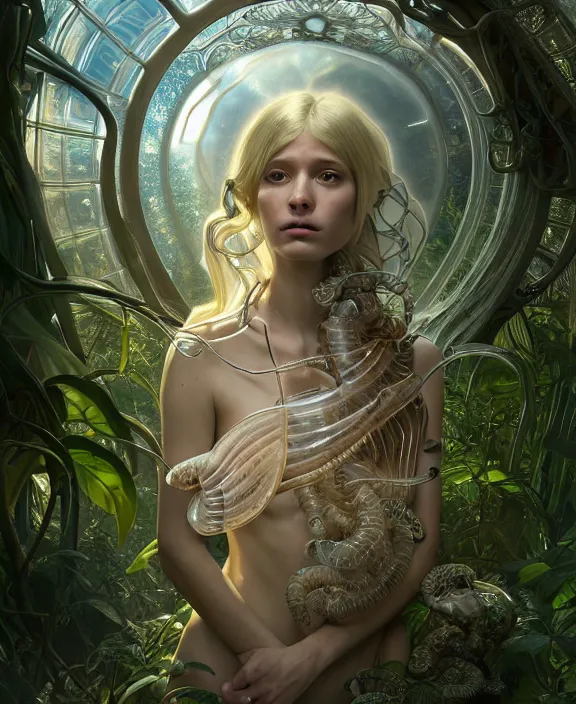 Prompt: intricate ornate opulent transparent clear see - through portrait of a horrific beautiful male human isopod nautilus tornado, adorable, childlike, overgrown jungle environment, ultra realistic, concept art, art nouveau, photorealistic, octane render, 8 k, unreal engine. art by christopher marley and artgerm and greg rutkowski and alphonse mucha