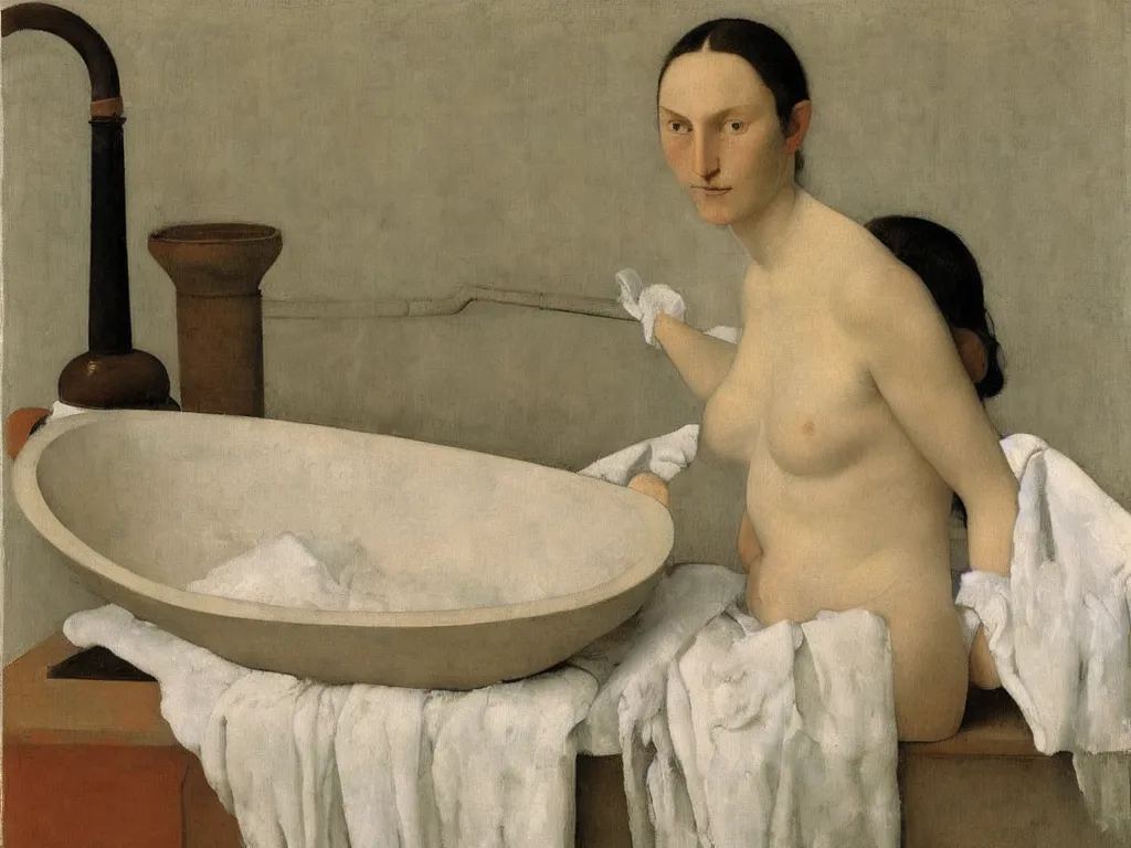 Image similar to Portrait of a woman in the bathtub with amphora, white cloth and crane. White Opal, marble, terracotta. Painting by Balthus, Hammershoi, Morandi