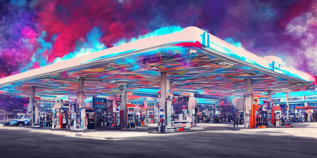 Prompt: an insanely intricate photo of a gas station full of insane detailed colorfull smoke fluid, clean architecture, pastel colored, intricate detailed 3 d render, hyper realistic intricate acrilic fluid art, intense colors, wide shot, octane render, concept art, daylight, peaceful, 8 k