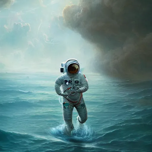 Image similar to photograph of an astronaut running on water，unreal engine 5, extreme detail, focused, masterpiece, art by Peter Mohrbacher