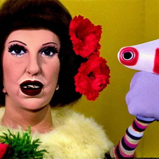 Image similar to 1972 woman on tv show with a long prosthetic snout nose, big nostrils, wearing flowers in the city 1972 color archival footage color film 16mm Fellini Almodovar John Waters Russ Meyer with hand puppet