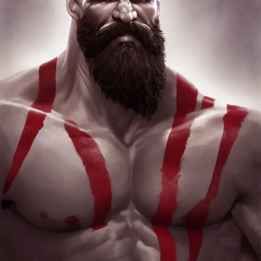Image similar to kratos from god of war with an afro and a giant mustache, digital painting masterpiece, gorgeous brush strokes, advanced lighting technology, realistic face and anatomy, by shigenori soejima
