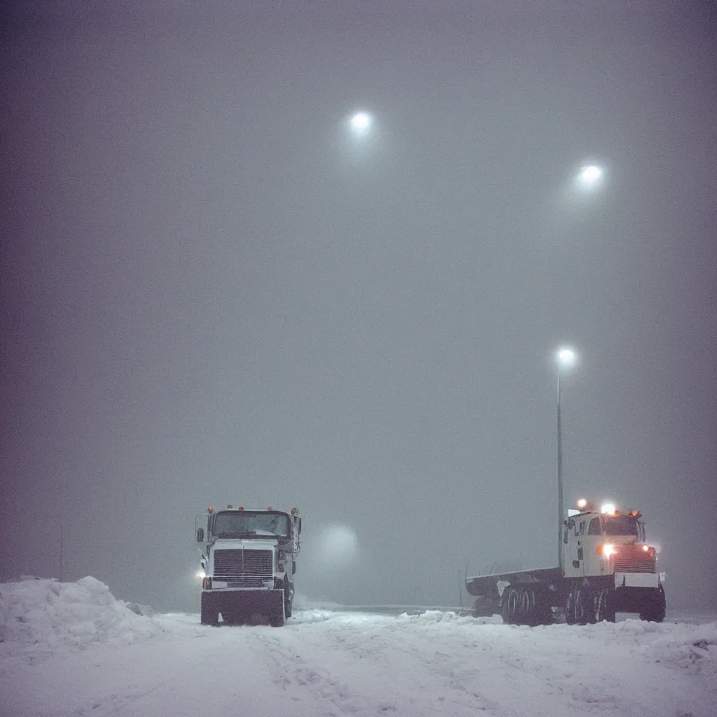 Image similar to photo, big snow plow truck is in the distance with a bright headlighta. cold color temperature, snow storm. hazy atmosphere. humidity haze. kodak ektachrome, greenish expired film, award winning, low contrast,