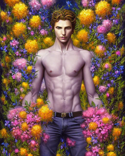 Image similar to a painting of a beautiful man surrounded by flowers, an ultrafine detailed painting, by mark brooks, centered full body, featured on deviantart, fantasy art, detailed painting, deviantart, anime