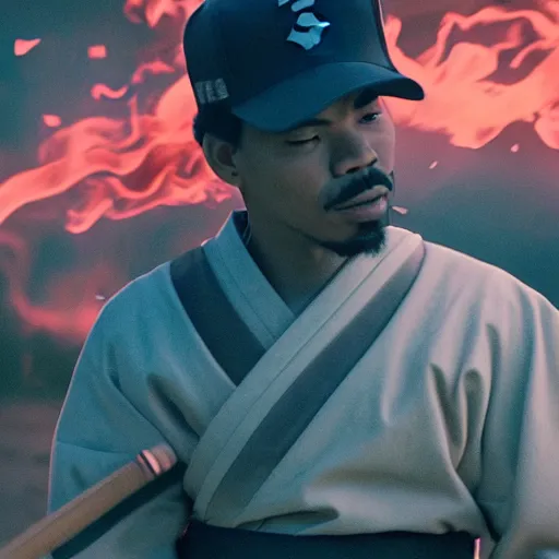 Image similar to cinematic film still of Chance The Rapper starring as a Samurai holding fire, Japanese CGI, VFX, 2022, 40mm lens, shallow depth of field, film photography