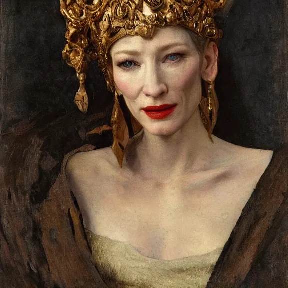 Image similar to cate blanchett by Annie Swynnerton and Nicholas Roerich and Vermeer, strong dramatic cinematic lighting, ornate headdress, lost civilizations, smooth, sharp focus, extremely detailed