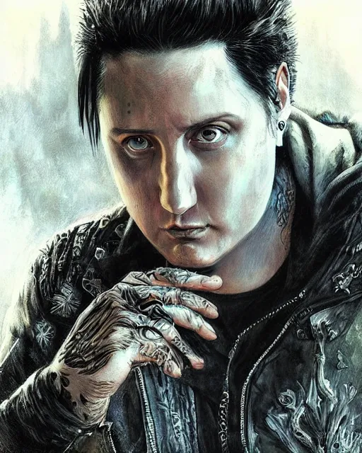 Image similar to synyster gates ( avenged sevenfold ), hyper realistic face, beautiful eyes, fantasy art, in the style of greg rutkowski, intricate, hyper detailed, smooth