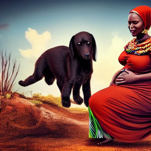 Prompt: a 3 0 year old somali woman, pregnant, next to a black puppy, full body, ultra detailed fantasy, bright, colorful, realistic