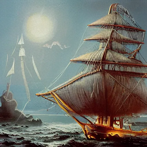 Image similar to an ancient sailing ship off the shore of a beautiful coastline with an omenous biopunk tower with glowing lights rising in the distance, a big scary tower with evil lights coming from it, painting by John Berkley