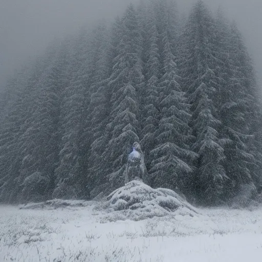 Prompt: a monolithic monster in a taiga. snowing, grainy, overcast sky.