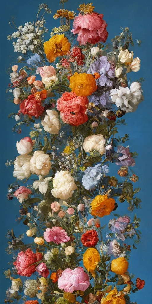 Prompt: a bouquet of flowers on a blue background, a flemish baroque by rachel ruysch, behance contest winner, ecological art, made of flowers, behance hd, flemish baroque