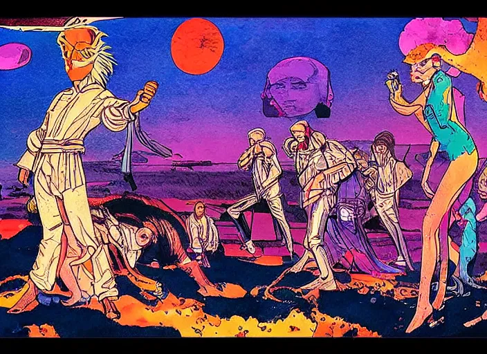 Prompt: a surreal scene from a feature film by wong kar - wai, alejandro jodorowsky and kenneth anger : : magical pagan ritual, retro sci - fi : : a storyboard drawing by moebius, ink and watercolor 8 k