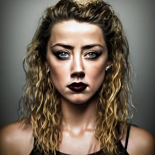 Image similar to amber heard mugshot holding plate in prison, nose piercings, lip piercings, eye piercings,'no regrets'tattood on forehead, ultra realistic, 8 k, canon 3 5 mm portrait photography