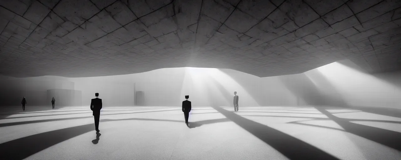 Prompt: Hyper realistic brutalist museum interior, parametric architecture, alone man with suit and hat walking in the distance, sun rays at sunset, soft shadows, volumetric fog, Hyper realistic film photography, Zeiss 24mm f2.8, Hasselblad, insanely detailed, sharp focus