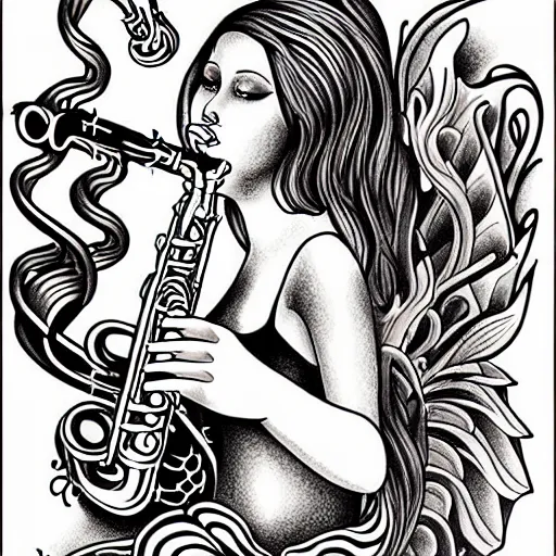 Prompt: american traditional tattoo art of a mermaid playing the saxophone, line art, sheet paper