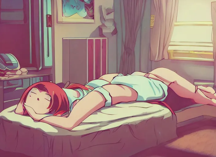 Image similar to girl laying on bed, boring, anime, 1 9 9 0 s, retro style, aesthetic, chill, room