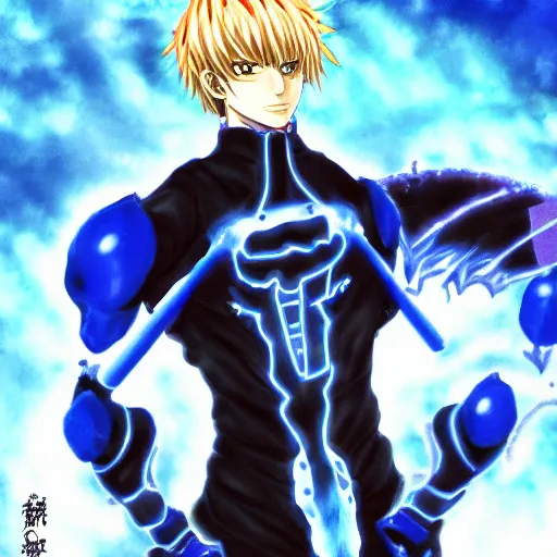 Image similar to portrait of the genos blue flame arms of devil king mode, anime fantasy illustration by tomoyuki yamasaki, kyoto studio, madhouse, ufotable, comixwave films, trending on artstation