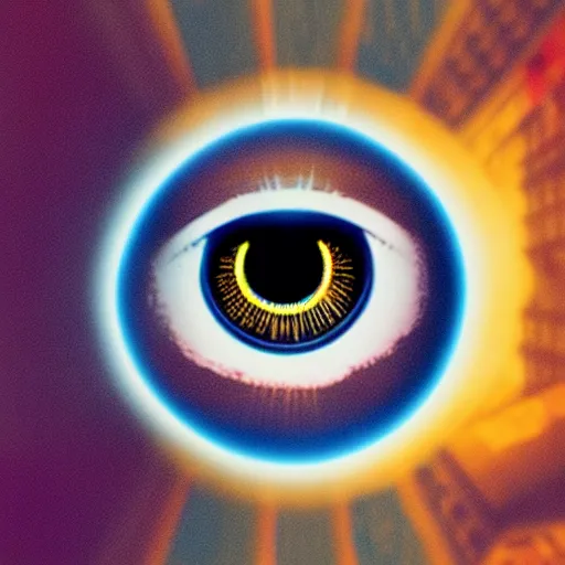 Image similar to logo of eye as background, city as foreground, symmetrical, washed out color, centered, art deco, 1 9 5 0's futuristic, glowing highlights, peaceful