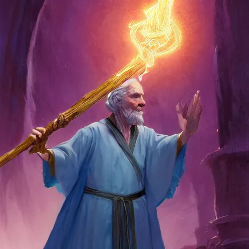 Prompt: Old man with exquisite colored robes, Holding a staff with a crystal at the top, casting a spell, fantasy, D&D, 4k, ultra detailed, by Greg_Rutkowski and Viktor Antonov