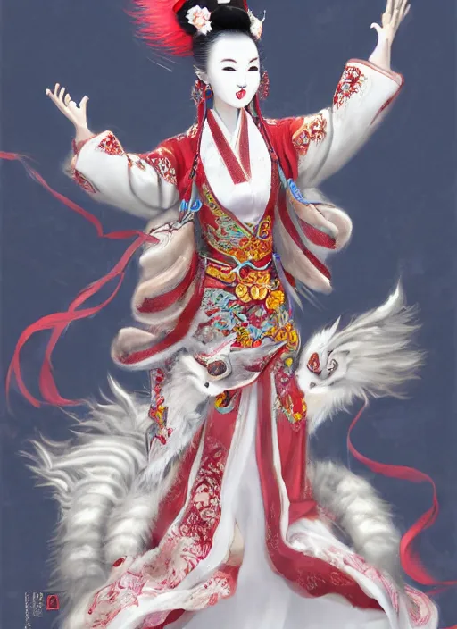 Prompt: full body portrait of a female kitsune peking opera actress with nine fluffy tails by wlop, wuxia, xianxia, kitsune, fox tails, nine - tailed fox, peking opera, lithe, absurdly beautiful, detailed, realistic, anatomically accurate, fantasy illustration, artstation, wlop, 4 k.