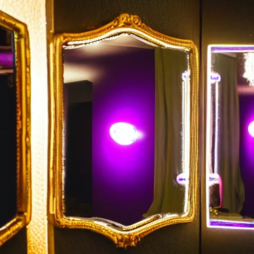 Prompt: mirror infront of mirror reflecting a small purple light infinitely, 4k, 40nm lens