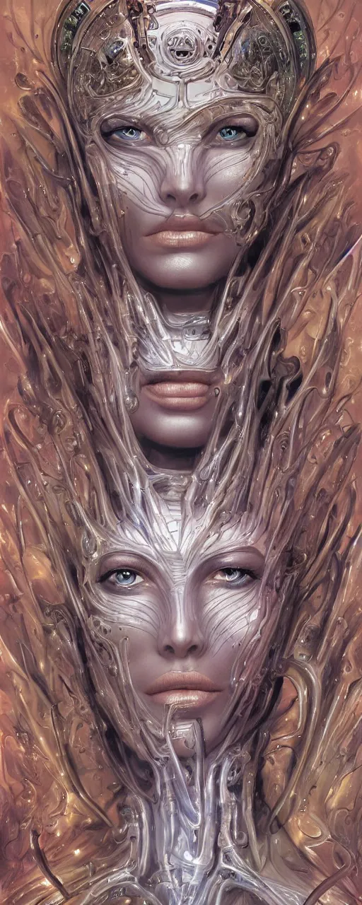 Prompt: a robotic goddess with transparent skin, highly detailed, futuristic, laser lit, digital painting, smooth, sharp, beautiful face, expressive eyes, highly intricate, art by Boris Vallejo and H.R. Giger