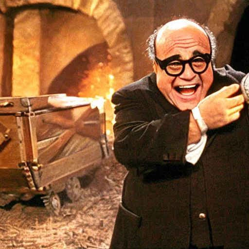 Image similar to Danny Devito opens the ark of the covenant