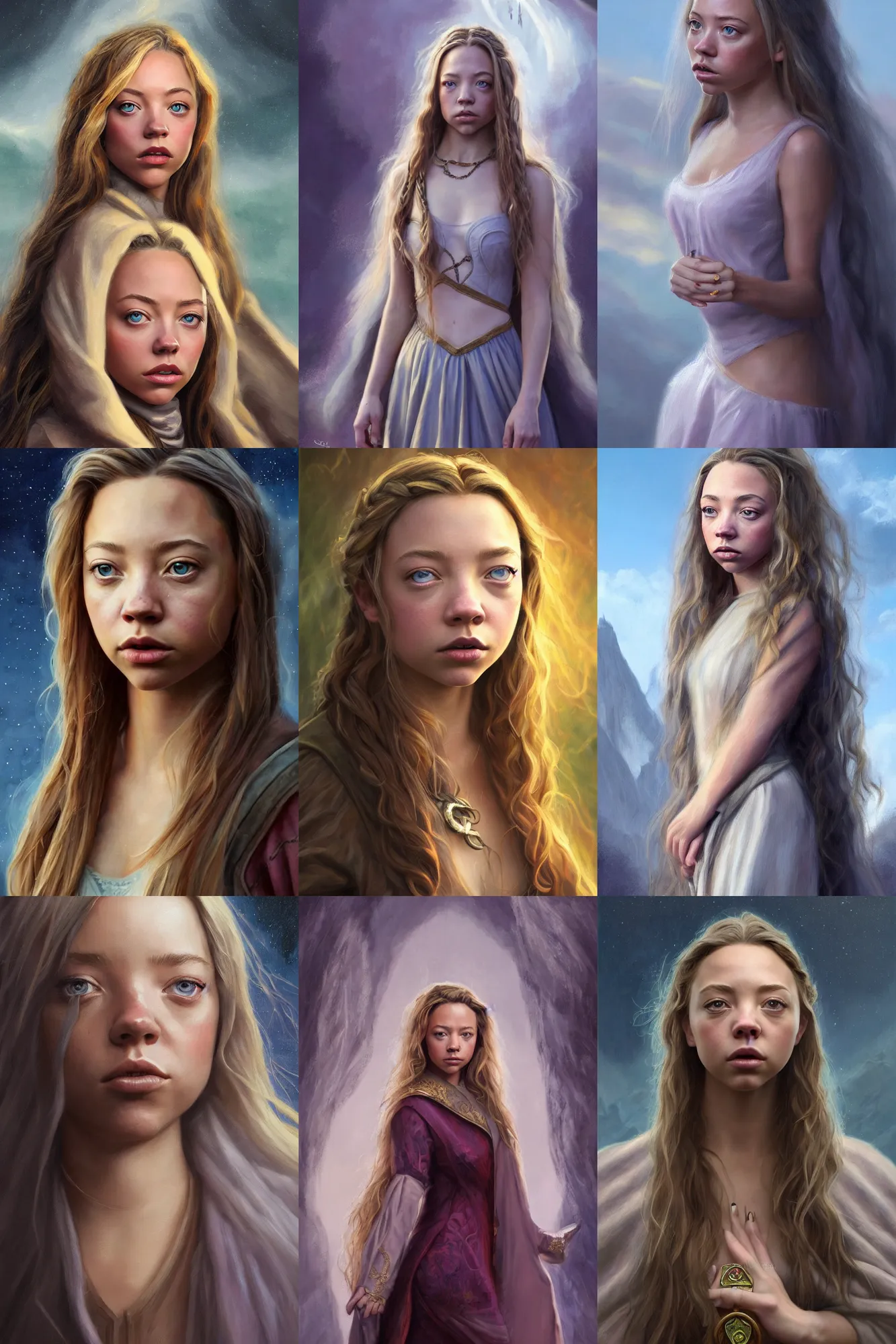 Image similar to a full body high detail fantasy portrait oil painting illustration of sydney sweeney as an elegant female wizard by justin sweet with face and body clearly visible, in a scenic background, pupils visible, realistic proportions, d & d, rpg, forgotten realms, artstation trending, high quality, sombre mood, artstation trending, muted colours, entire person visible!