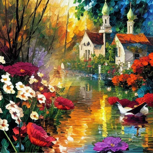 Image similar to flowers and ducks by arthur adams, john stephens, leonid afremov, chiho ashima, karol bak, david bates