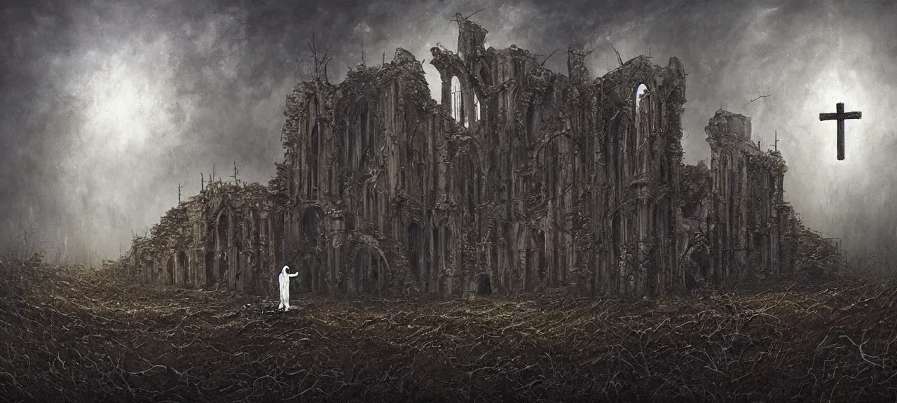 Image similar to The terrified Priest with tormented eyes is aiming the crucifix at alien intruder in a darkened room of a ruined castle, a dark, menacing atmosphere, horror,the essence of evil, in the style of Lee Madgwick