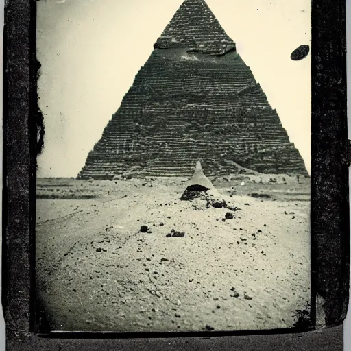 Image similar to tintype photo, ufo crashing into a pyramid