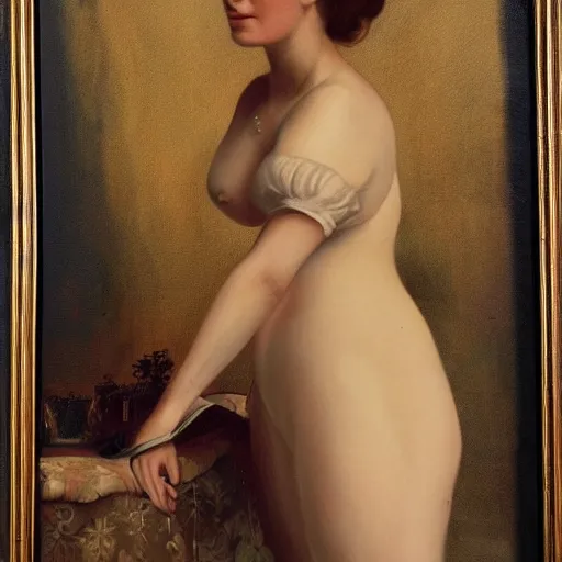 Image similar to a painting of a female model in victorian times, fully body shot