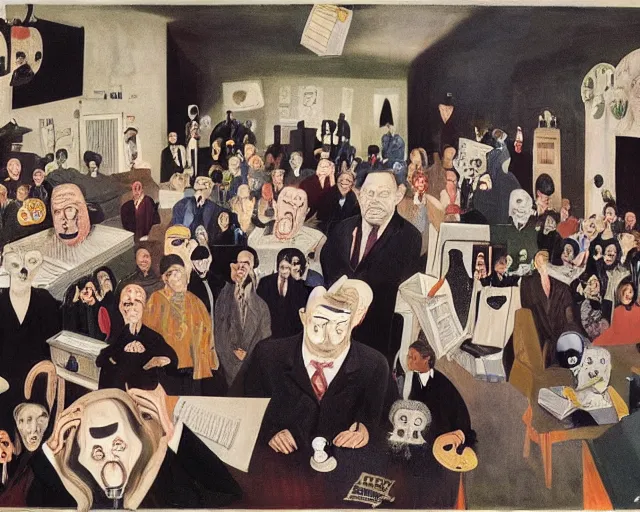 Image similar to the horror of beaurocracy, papers, horror, desks, office, waiting, stress, frustration, anger, crowded, harsh cinematic lighting, high qulity, 4 k, by charles addams and hilma af klint and affandi