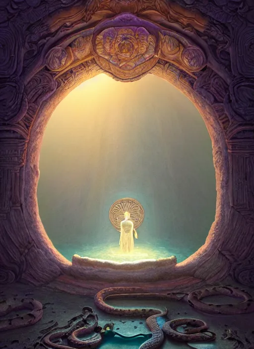 Image similar to hyperreal ultra detailed hypnagogic recollections from the waters of the unconscious. a 3 d psychopomp watching on. an ancient child. prismatic crystal light projections, a doorway threshold, a snake, sharp focus, global illumination, ornate, art by shaun tan, fenghua zhong and daniel merriam and dan mumford octane render