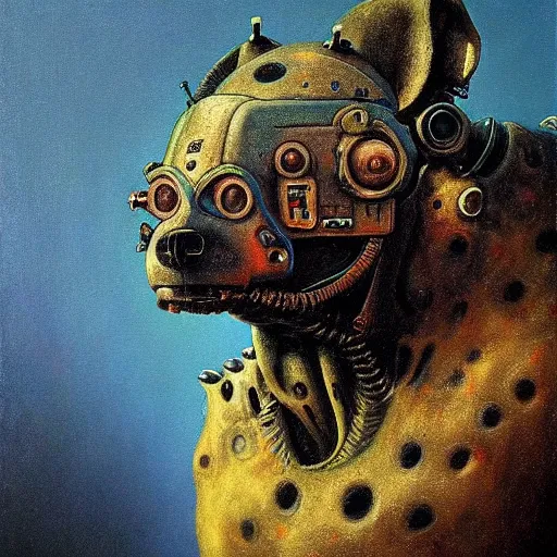 Image similar to hyena robot, cyberpunk, highly detailed quadrupedal cyborg, beksinski style, very detailed painting